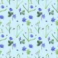 Snowdrops seamless pattern: galanthus and liverwort on a blue background