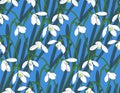 Snowdrops spring seamless background. Hand-drawn