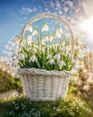 Snowdrops in a white basket on the lawn, spring sunny background