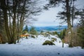 Snowed footpath to La Roche d Ajoux in Beaujolais Royalty Free Stock Photo