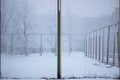 Snowed sport yard behind frosty metal grid in winter