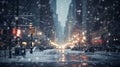 Snowfall in busy steets of city during evening Royalty Free Stock Photo