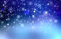 Beautiful Blue,nave Abstract Snowfall Christmas background. Flying snow flakes and stars on winter blue background.