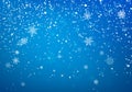 Snowfall Christmas background. Flying snow flakes and stars on winter blue sky background. Winter wite snowflake overlay template Royalty Free Stock Photo