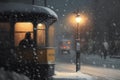 Snowfall in the city of Gdansk, Poland. Tram on the street.