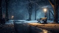 Snowfall in the city park at night in winter, snow-covered trees in the park illuminated by lanterns Royalty Free Stock Photo