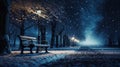 Snowfall in the city park at night in winter, snow-covered trees in the park illuminated by lanterns Royalty Free Stock Photo