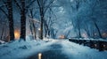 Snowfall in the city park at night in winter, snow-covered trees in the park illuminated by lanterns Royalty Free Stock Photo