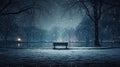 Snowfall in the city park at night in winter. Snow-covered trees illuminated by lanterns in a park near a lake Royalty Free Stock Photo