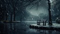 Snowfall in the city park at night in winter. Snow-covered trees illuminated by lanterns in a park near a lake Royalty Free Stock Photo
