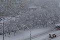 Snowfall city road in the Bratislava