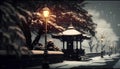 Snowfall in the city. Winter landscape with lanterns and trees Royalty Free Stock Photo