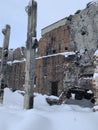 snowfall in a destroyed building in winter