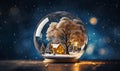 snowfall house and tree inside glass ball, ai generative Royalty Free Stock Photo