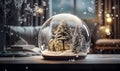 snowfall house and tree inside glass ball, ai generative Royalty Free Stock Photo