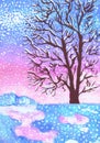 Snowfall in the morning. Winter landscape. Children`s drawing