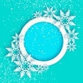 Snowfall. Origami Happy New Year Greetings card. Merry Christmas. White Paper cut snow flake. Winter snowflakes. Circle Royalty Free Stock Photo