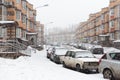 Snowfall on a residential street in the city Royalty Free Stock Photo