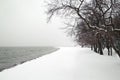 Snowfall on the sea beach coast