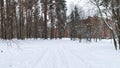 After a snowfall, snow lies on the ground, tree branches in the city park and on the roofs of the red brick buildings behind the t Royalty Free Stock Photo