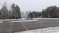 After a snowfall, snow lies on sidewalks and trees. There are trees, street lights on concrete poles and parked cars along the str Royalty Free Stock Photo