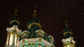 Snowfall Snowflake Christmas with Ortodoxal Saint Andrew`s Church Green Domes on Background