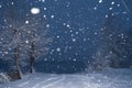 Snowfall on the street. The road is covered in snow, there are many snowflakes in the air. Snowstorm and snowfall in the city, Royalty Free Stock Photo