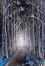 Snowfall in trees alley in winter night. Hand drawn image. Fantasy landscape