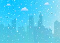 Snowfall winter christmas on city landscape background, blue sky with clouds, colorful falling snow and snowflakes. Royalty Free Stock Photo