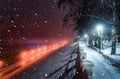 Snowfall in a winter park at night with glowing lanterns, view to road with car motion, pavement and trees in foggy weather Royalty Free Stock Photo