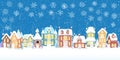 Snowfall on winter street with victorian houses. Collection of houses and snoflakes digital hand drawn illustrations