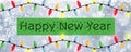 Happy New Year - A snowflake background banner with multiple colour Christmas Tree lights Royalty Free Stock Photo