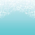 Snowflake on blue backgtound. White glittering snow dust trail sparkling particles, shimmer vector background. Snowfall effect. Gl