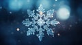 Snowflake on blue bokeh background. 3D Rendering Generative AI