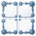 Snowflake Bordered Note Paper Set with Light Blue Accents on White Background Royalty Free Stock Photo