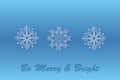 Snowflake Christmas design blue background. Three snowflake patterns to create brushes. Snow background. Merry Christmas. Card