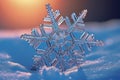 Snowflake closeup isolated on winter snow background. Copy space. Frozen water in snowflake shape. Winter Christmas holidays. Cold Royalty Free Stock Photo