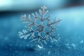 Snowflake closeup isolated on winter snow background. Copy space. Frozen water in snowflake shape. Winter Christmas holidays. Cold Royalty Free Stock Photo