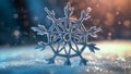 Snowflake closeup isolated on winter snow bokeh background. Copy space. Ice crystal. Frozen water in snowflake shape. Winter Royalty Free Stock Photo