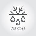 Snowflake and drop thin stroke linear icon. Defrost and freeze concept logo. Symbol of fridge or air conditioner