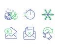 Snowflake, Euro money and Bitcoin icons set. Cooking timer, Reject letter and Rotation gesture signs. Vector