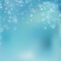 Snowflake flying, card or banner with snow elements, flakes confetti scatter. Cold weather winter symbols. EPS 10