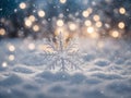 snowflake ice crystal shape blurry lights and snow falling on a cold winter night