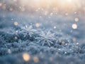 snowflake ice crystals snow falling on frozen ground and plants on a cold winter night