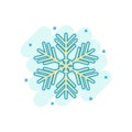 Snowflake icon in comic style. Snow flake winter vector cartoon illustration pictogram. Christmas snowfall ornament business Royalty Free Stock Photo