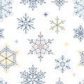 Snowflake line seamless pattern. Winter season, Christmas snow flakes repeat texture. New Year traditional ornament. Royalty Free Stock Photo