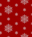 Snow seamless pattern. White repeated snowflakes on red background. Kaleidoscope Christmas ornament. Vector holiday illustration f