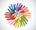 snowflake over diversity hands circle illustration