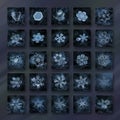 Snowflake photo collage in dark blue colors with 25 snow crystals