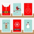 Snowflake, ribbon, Santa Claus costume belt, animal bullfinch, ball, snowman, deer. Merry Christmas text. Greeting card set. Flat Royalty Free Stock Photo